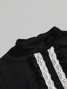 Goth 女士复古哥特式拼接荷叶边蕾丝下摆做旧喇叭袖修身衬衫 - 黑色 - 查看 4