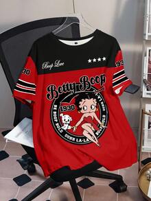 Betty Boop x SHEIN Plus Size Summer Casual Contrast Color Figure Graphic Round Neck Short Sleeve T-Shirt - White - View 1