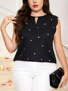 SHEIN Clasi 大码女士无袖衬衫，优雅黑色衬衫饰以白色爱心图案，适合春夏季节、情人节、生日、春假等场合穿着。 - 黑與白 - 查看 6