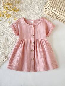 SHEIN Baby Girl Lotus Pink Double-Layer Chiffon Buttoned Front Dress, Suitable For Summer Outings, Photo Shoots, Or Everyday Wear - Dusty Pink - View 5