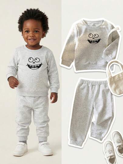 SHEIN 2pcs Young Boys Toddler Infant Kids Cute Funny Casual Basic Light Grey Heather Texture Cartoon Face Smile Expression Print Graphic Long Sleeve Round Neck T-Shirt Sweatshirt Pullover Tops And Elastic Waist Sweatpants Joggers Pants Two Piece Outfit Sets Tracksuit Soft Clothes For Daily Wear School Home Indoor Fall Autumn Winter