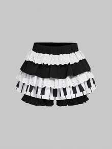 ROMWE Kawaii 女士可爱甜美钢琴键盘蛋糕褶边裙裤 - 黑色 - 查看 1