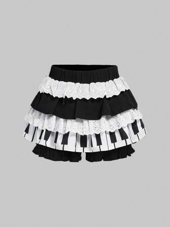 Kawaii Pantalones falda peplum con estampado de teclado de piano lindo y dulce para mujer