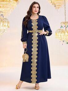 Al Najma Plus Size Elegant Patchwork Water-Soluble Lace Lantern Sleeve Dress - Navy Blue - View 5