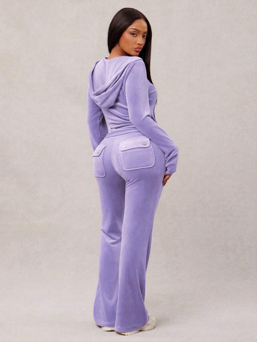 Radiana 女士性感休闲浅紫色经典修身丝绒两件套：拉链连帽衫+阔腿裤，舒适柔软，适合休闲、运动、居家和户外活动穿着。 - 淡紫色 - 查看 1
