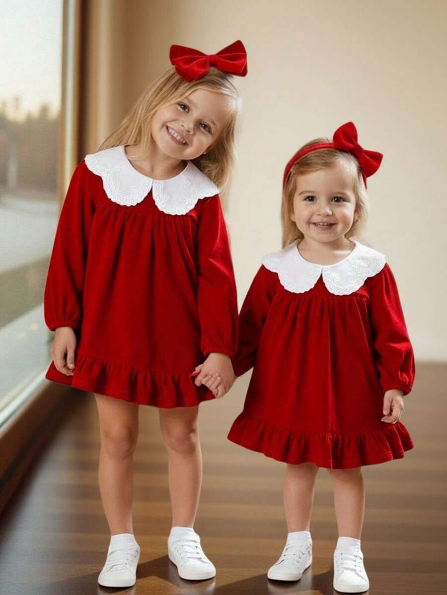 Emery Rose Kids Emery Rose Kids 女婴风格：蝴蝶结装饰连衣裙、白领天鹅绒连衣裙、连衣裙、经典可爱、时尚优雅天鹅绒连衣裙、荷叶边裙、长袖、蛋糕风格连衣裙、休闲简约优雅、婚礼季、淑女绅士、秋冬季、圣诞节、派对装、日常装、生日装、公主装、姐妹搭配风格 - 紅色 - 查看 1