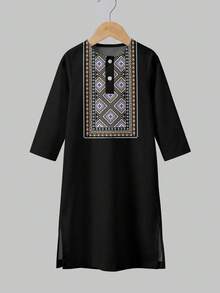 SHEIN 男童长衬衫，经典复古传统图案，阿拉伯文字印花，星星、月亮、宫廷灯笼图案，适合春夏穿着。 - 彩色 - 查看 3