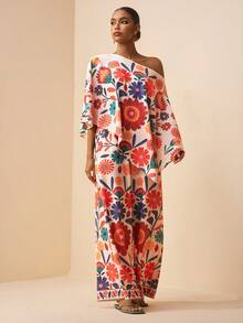 Zivah 2026 Spring/Summer Women's Casual Commuter Loose-Fitting One-Shoulder Action Print Irregular Print Top + High-Waisted Wide-Leg Pants Two Pieces Set Is Suitable For Occasions Such As Back To School, Vac - Orange - View 7