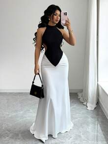 SHEIN Elenzya New Spring/Summer Black & White Color Block Design, Sexy High Slit Cold Shoulder Ruched Fitted Maxi Dress, Elegant For Party, Formal Event, Wedding, Halloween, Christmas, Holiday Vacation