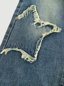 时尚少女休闲深蓝色星星字母印花阔腿牛仔裤，宽松版型，修身显腿长，适合校园、周末户外活动、日常休闲穿着，秋季必备。 - 藍色 - 查看 4