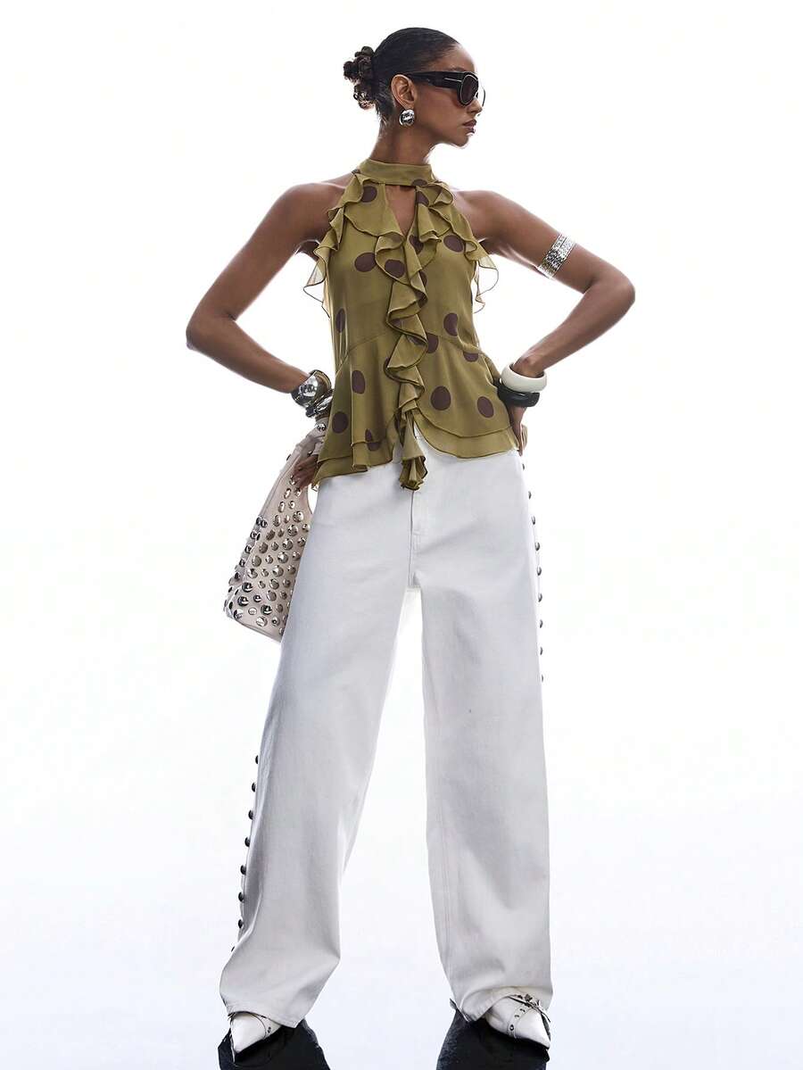 LYSMO 女士时尚性感荷叶边无袖背心 - 綠色 - 查看 1