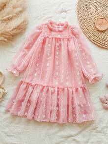 SHEIN Vintaside Kids 女童优雅公主风荷叶边领泡泡袖提花刺绣双层荷叶边下摆宽松公主裙，适合度假、旅行、派对、送礼、春秋季穿着。 - 粉色 - 查看 4