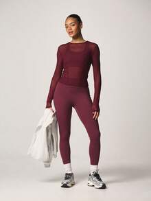 MISSGUIDED Long Sleeve Mesh Layering Active Top With Crew Neckline And Semi Sheer Panels For Training And Fitness - Burgundy - View 3