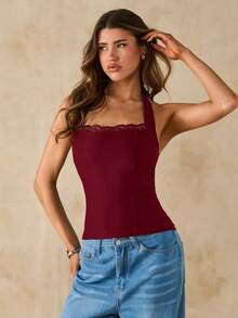 SHEIN BAE Áo hai dây ôm sát màu đen trơn phối ren tương phản dành cho nữ, thích hợp cho mùa xuân/hè. - Màu Đỏ Sâu - Xem 7