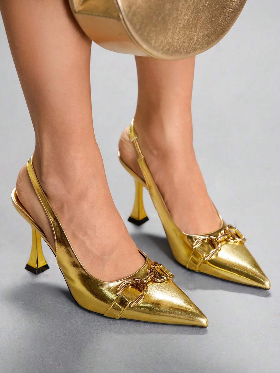 CUCCOO SZL 女士尖头高跟鞋，9厘米，优雅细高跟，后跟系带，方便穿脱，镜面PU材质，金属扣，黑色高跟鞋，适合日常/派对/通勤/职业场合。 - 金色 - 查看 1