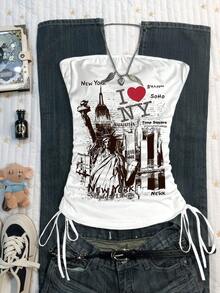 Glimmora 女士褶皱抹胸心形图案休闲上衣，夏季 - 白色 - 查看 1