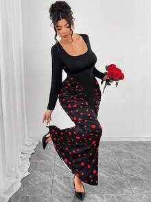 Elenzga Plus Size Women's Heart Print Long Sleeve Ruched Waist Maxi Dress,Black And Red,Autumn,Party,Rave, Elegant New Year Girlfriend Gathering Black - Multicolor - View 7