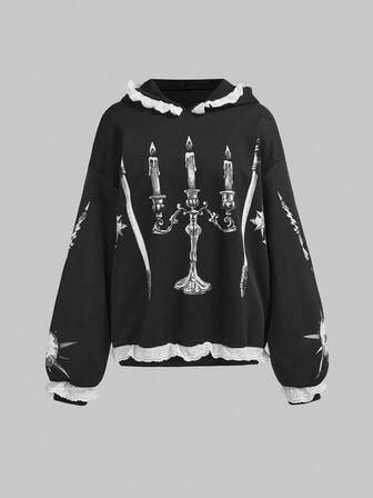 Grunge Punk Sudadera con capucha con estampado de vela de martillo de meteoro y corazón gótico, con ribete de encaje de contraste