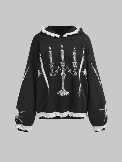 Grunge Punk sweat-shirt à capuche avec imprimé de bougie en forme de cœur gothique et masse d'armes, avec garniture de dentelle contrastée