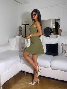 Ronhire Váy ngắn không tay một hàng khuy đơn màu đơn giản cho nữ, mùa hè - xanh quân đội - Xem 6