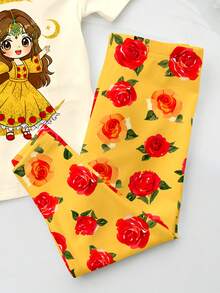 SHEIN Baby Girl Summer Loungewear Cute Cartoon Girl Print Pattern Burgundy Rose Star Moon Design White Floral Snug Fit Family Matching Vacation Loungewear - Multicolor - View 4