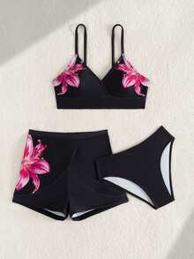 SHEIN 少女百合印花比基尼套装，针织面料，可调节细肩带，V领设计，荷叶边下摆，时尚优雅，适合游泳、夏季、海滩和度假。 - 黑色 - 查看 5