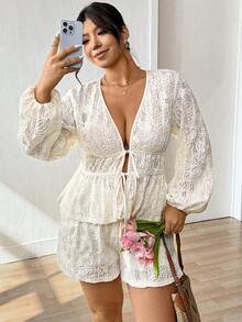 Lounesse 大码女式休闲V领长袖上衣和裤子两件套，时尚日常穿着 - 杏色 - 查看 1