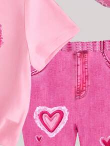 春夏少女休闲时尚创意个性清新可爱简约牛仔风爱心印花休闲T恤和喇叭裤套装，舒适日常穿着，温暖的夏秋款式，适合年轻女孩。 - 彩色 - 查看 5