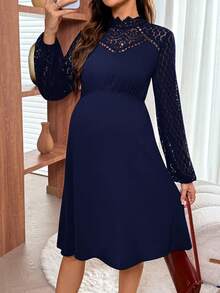 SHEIN Abito midi casual da donna in gravidanza, a tinta unita, manica lunga, con inserti in pizzo e vita segnata - Blu Navy - Visualizzare 4