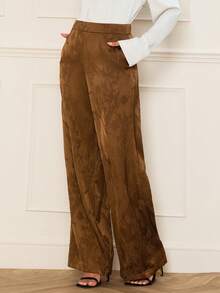 Lilora Pantalones anchos de jacquard de unicolor elegantes y casuales para mujer, clásicos, románticos y elegantes, adecuados para ir al trabajo, pantalones de trabajo de jacquard de cintura alta, pantalones marrones para mujer, pantalones anchos marrones, pantalones con estampado floral sofisticados y elegantes para mujer - Caqui - Ver 8