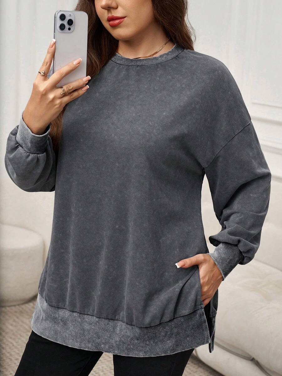 SHEIN LUNE 加大码纯色圆领休闲百搭长袖运动衫感恩节女装新年女装冬季女装狂欢