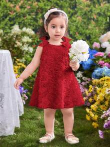 SHEIN 女宝宝可爱优雅红色碎花网纱夏季连衣裙 - 紅色 - 查看 8