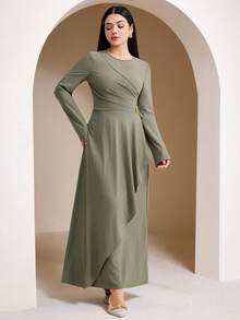 Veilorie Women's Solid Color Long Sleeve Waist Cinched Arabic Style Dress - Green - View 2
