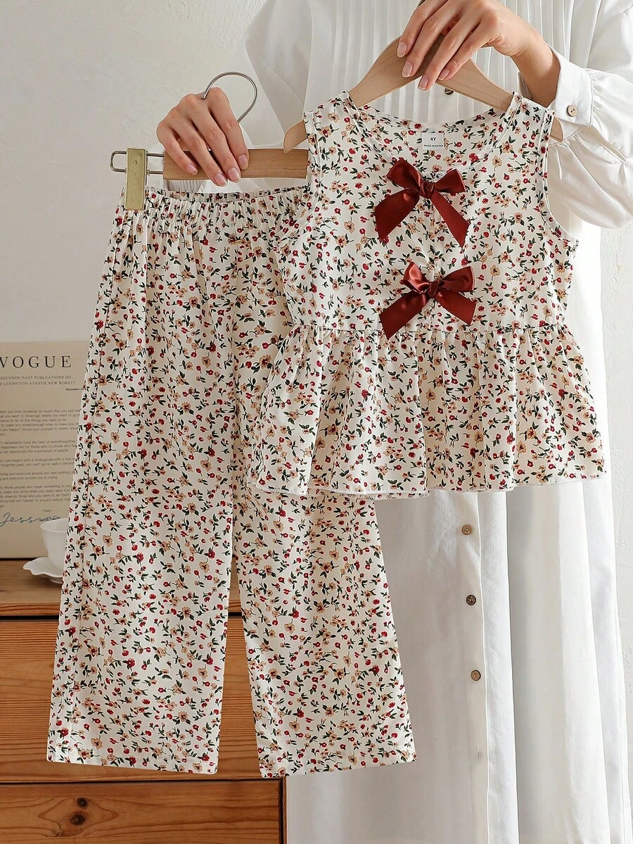 SHEIN Vintaside Kids Kleine Mädchen 2 Stücke Blümchen Set - ärmelloser Weste mit Schleifen Dekor + weite Hose, süß & niedlich Lässig Outfit, Sommer