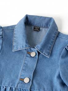 SHEIN 1pc Toddler Baby Girls Casual Cute Solid Blue Denim Jean Long Puff Sleeve Lapel Collar Button Down Ruffle Hem Tiered A-Line Shirt Dress Jacket Coat Shacket Vestidos Soft Clothes Outfits For Party Daily Spring Fall Baby Girl Denim Dress - Light Wash - View 3