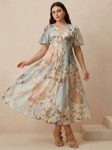 Anewsta Valentine Plus Size Women Elegant Puff Sleeve Pearl Button V-Neck Floral Print A-Line Dress - Apricot - View 6