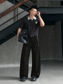 NEON BLANC 加大码男士灰色竖条纹梭织阔腿裤 男士宽松裤 男士阔腿裤 细条纹裤 - 黑色 - 查看 6