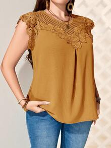 EMERY ROSE Plus Size Women Water-Soluble Lace Tunic Tops Dressy Blouses , Vacation Summer, Summer Tops - Yellow - View 3