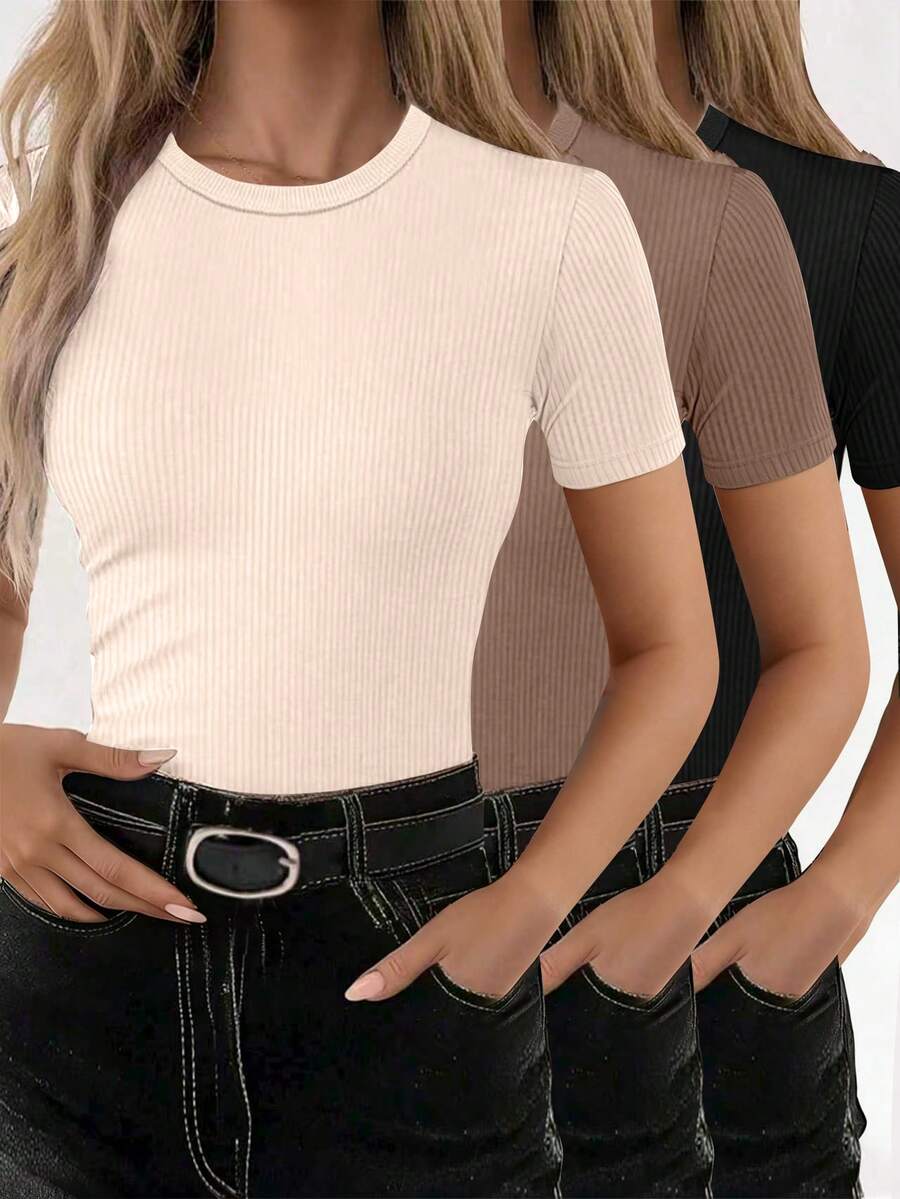 SHEIN 3件套 女士纯色圆领短袖休闲百搭T恤 - 彩色 - 查看 1