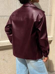 SHEIN Unity 女式纯色长袖拉链领宽松休闲PU常规夹克，秋季 - 酒紅色 - 查看 2