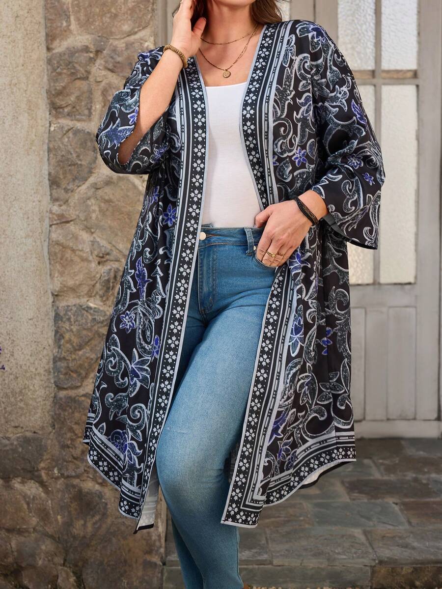 EMERY ROSE Plus Size Paisley Print Casual Vacation Jacket Summer Holiday Outfits Spring Break Outfits Valentine Outfits For Women Carnival Women Look 2026 Beach Outfits For Women Boho Kimono Kimono Cardigan Valentine Outfits For Women Spring Break Outfits Summer Holiday Outfits Carnival Weddings & Events Elegant Dress Women