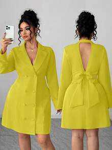 Elenzga Plus Size Solid Color Double-Breasted Bow Decor Backless Dress - Yellow - View 1