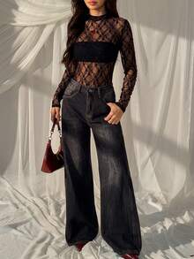 SHEIN EZwear Fashionable Sexy Sheer Black Lace Bodysuit - Black - View 5