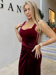 Cioccolato Red Glitter Twist Front Spaghetti Strap Sleeveless Dress,Sexy Women Dresses,Masquerade Ball Dress,New Year Women Dress,Sexy Red Dress,Sexy Party Dress,Birthday Women Outfits,New Year Women Clothes,New Year Party Dress,Rosso Ancora Dress - Red - View 5