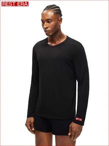 SHEIN Áo lót nam dài tay cổ tròn màu đen, kiểu dáng thường ngày - màu đen - Xem 4