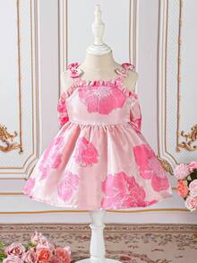 SHEIN 女婴优雅吊带大蝴蝶结提花A字连衣裙，适合生日派对和节日庆典，春夏款 - 粉色 - 查看 2
