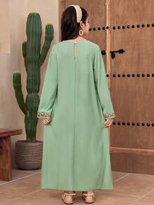 少女印花圆领长袖休闲连衣裙 - 綠色 - 查看 5