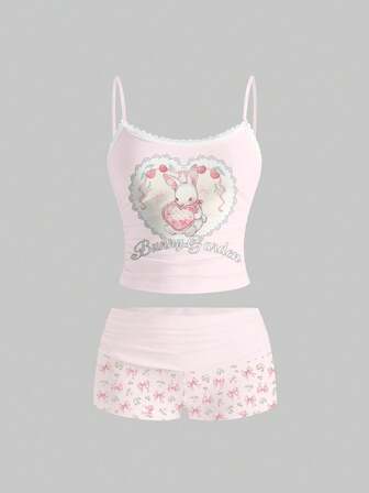 Kawaii Süßer Kaninchen, rosa Spitze, Herz Slogan, pfirsichfarbenes sexy Camisole und Shorts 2-teiliges Set für Frauen