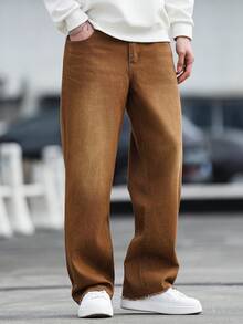 Manfinity Homme Jeans casuales de unicolor para hombres - Café integral - Ver 7