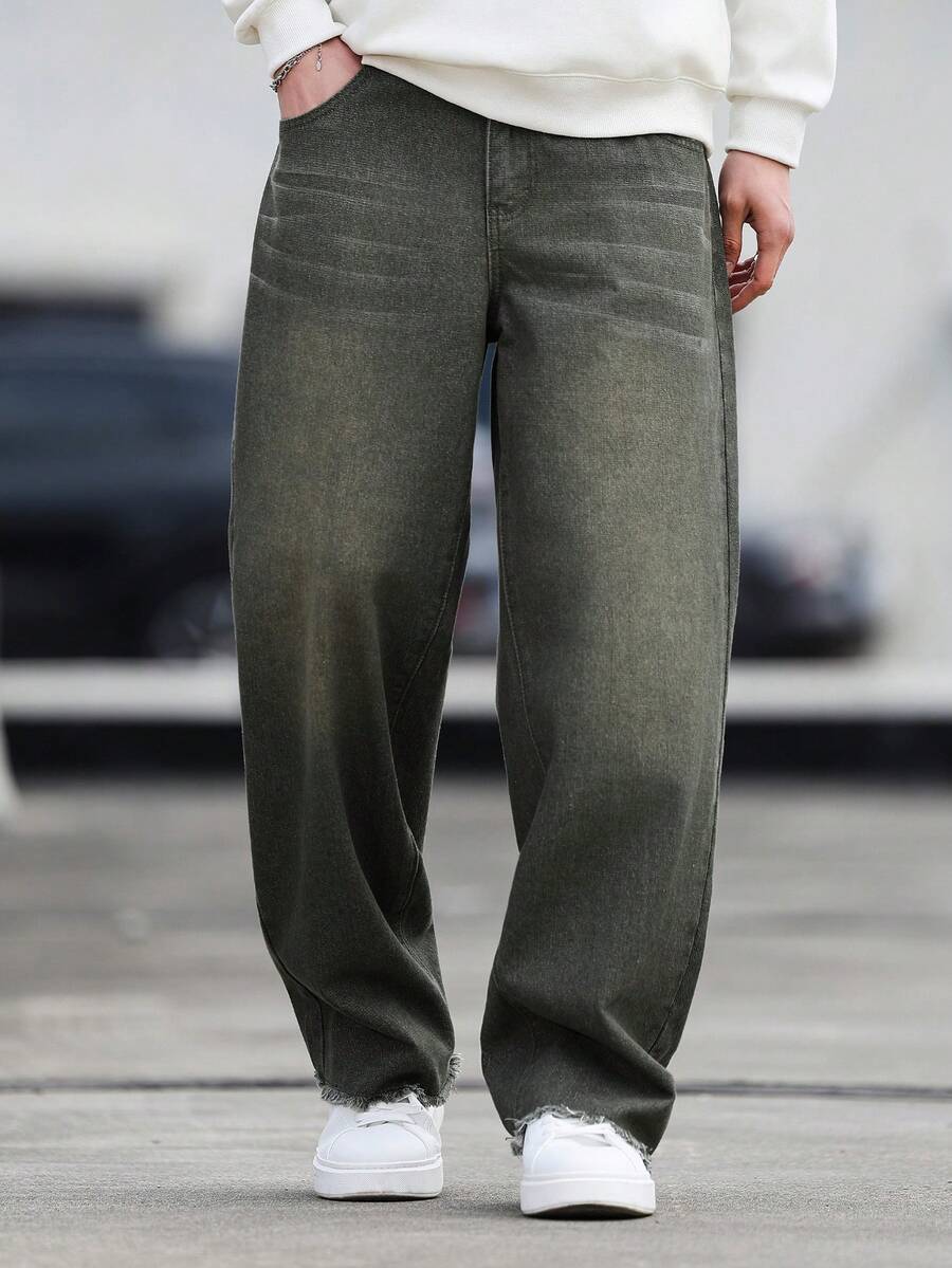 Manfinity Homme Men's Pocket Button Casual Versatile Commuting Loose Fit Jeans - Dark Green - View 1